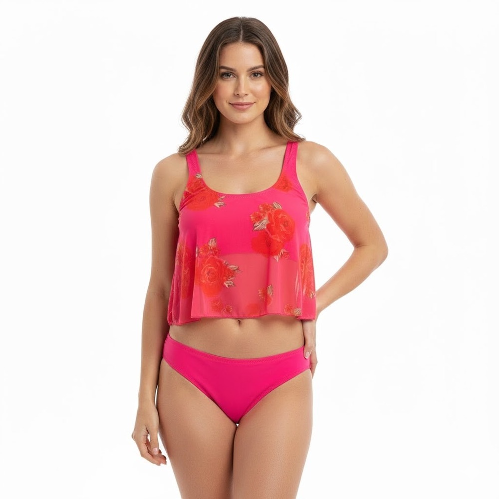 Floral Overlay Tankini Top and Bikini Bottom - Hot Pink